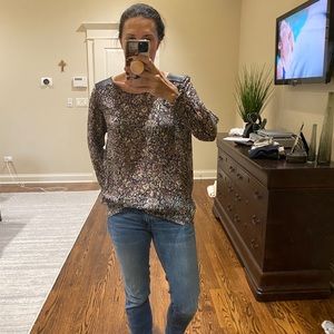 Club Monaco silk floral blouse with lamb leather shoulder patches.